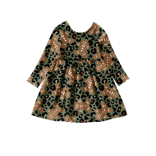 8.19 Baby Girls Leopard Gingerbread Long Sleeve Knee Length Dresses preorder(moq 5)