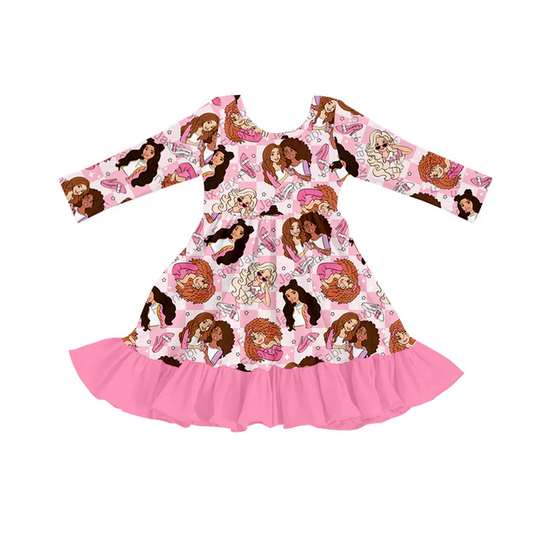 8.19 Baby Girls Pink Doll Long Sleeve Ruffle Knee Length Dresses preorder(moq 5)