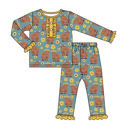 8.20 Baby Girls Western Highland Sunflower Top Pajamas Clothes Sets preorder(moq 5)