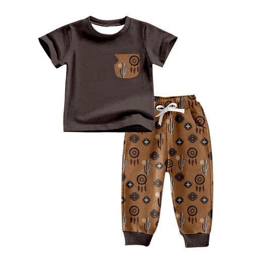 8.20 Baby Boys Cactus Brown Western Pocket Shirt Pants Clothes Sets preorder(moq 5)
