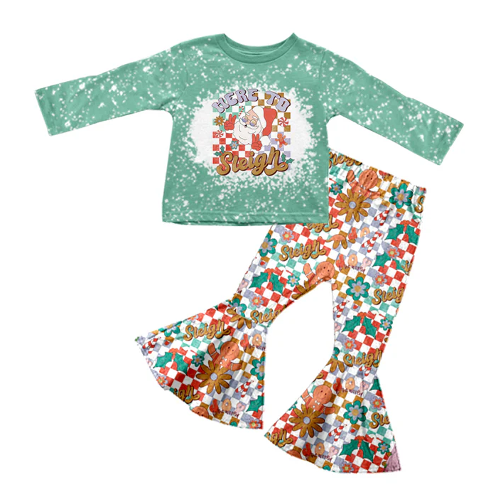 8.20 Baby Girls Santa Christmas Green Shirt Bell Pants Clothes Sets preorder(moq 5)