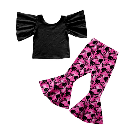 8.20 Baby Girls Black Tee Shirt Doll Wording Bell Pants Clothes Sets preorder(moq 5)