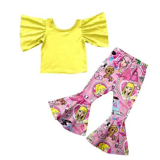 8.20 Baby Girls Yellow Tee Shirt Doll Bell Pants Clothes Sets preorder(moq 5)