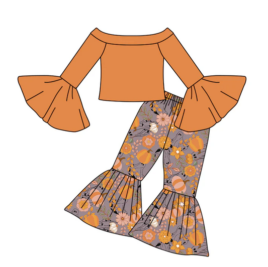8.20 Baby Girls Off Shoulder Top Flowers Bell Pants Clothes Sets preorder(moq 5)