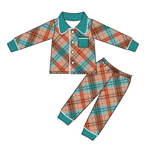 8.20 Baby Boys Gingham Ruffle Button Ups Pajamas Clothes Sets preorder(moq 5)