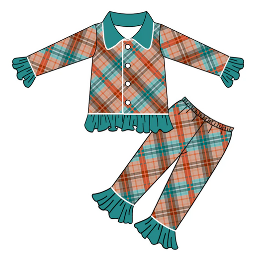 8.20 Baby Girls Gingham Ruffle Button Ups Pajamas Clothes Sets preorder(moq 5)