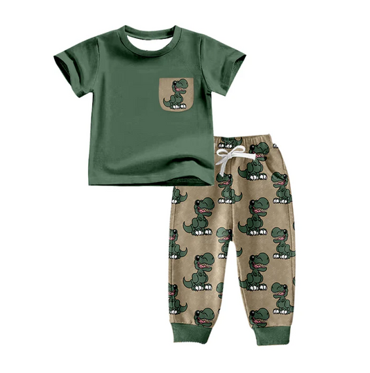 8.20 Baby Boys Dinosaur Green Pocket Pants Clothes Sets preorder(moq 5)