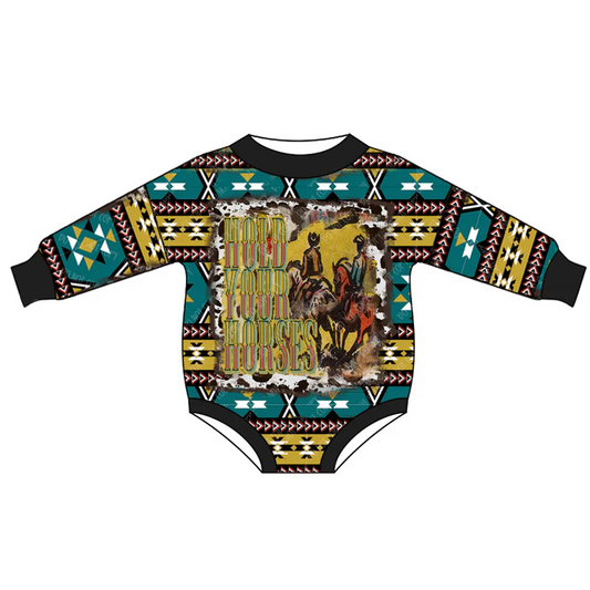 8.21 Western Aztec Baby Girls Green Horse Rompers preorder(moq 5)