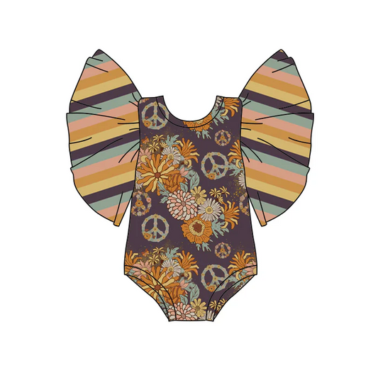 8.21 Peach Flowers Baby Infant Flutter Sleeve Rompers preorder(moq 5)