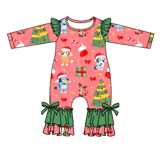 8.22 Baby Girls Christmas Dog Ruffle Rompers preorder(moq 5)