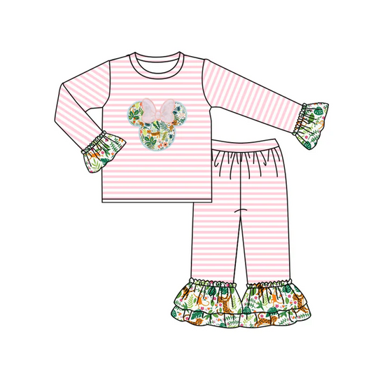 8.22 Baby Girls Christmas Pink Stripe Cartoon Shirt Ruffle Pants Clothes Sets preorder(moq 5)