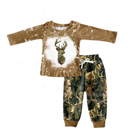 8.22 Baby Boys Camo Green Deer Hunting Tee Shirt Pants Clothes Sets preorder(moq 5)