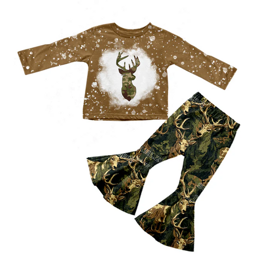 8.22 Baby Girls Green Camo Deer Hunting Tee Shirt Bell Pants Clothes Sets preorder(moq 5)