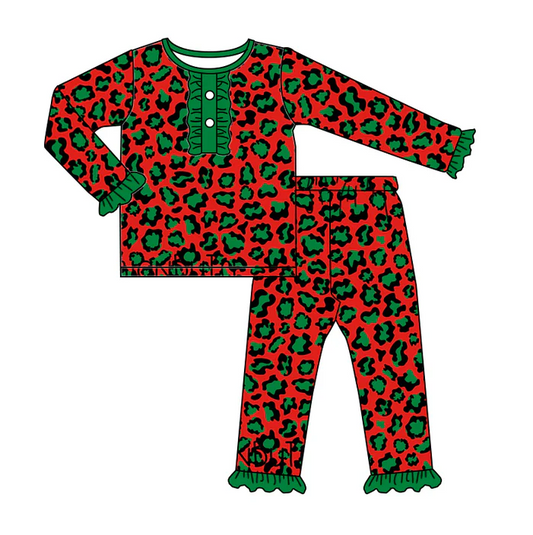 8.23 Baby Girls Christmas Green Red Leopard Ruffle Pajamas Clothes preorder(moq 5)