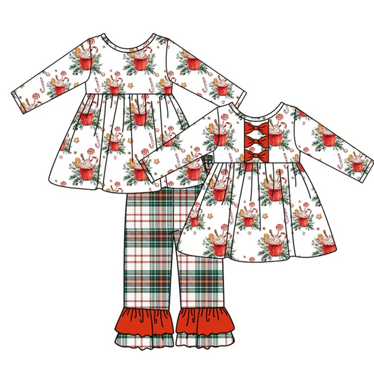 8.23 Baby Girls Christmas Cups Bow Tunic Ruffle Pants Clothes Sets preorder(moq 5)