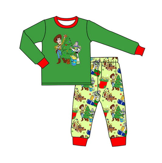 8.23 Baby Boys Christmas Green Toy Tee Shirt Pajamas Clothes Sets preorder(moq 5)