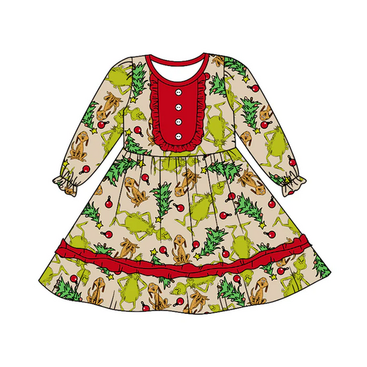 8.23 Baby Girls Green Frog Long Sleeve Ruffle Dresses preorder(moq 5)