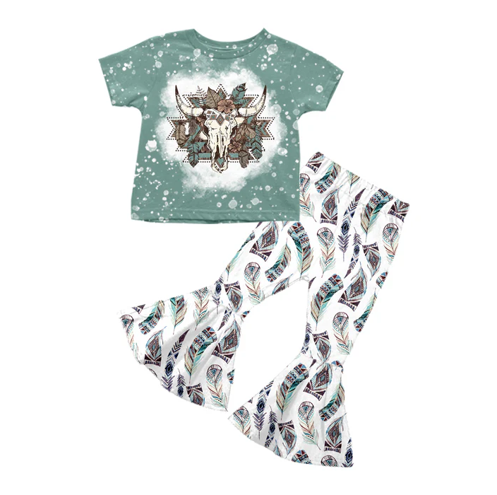 8.25 Baby Girls Western Cow Skull Feather Bell Pants Sets preorder(moq 5)