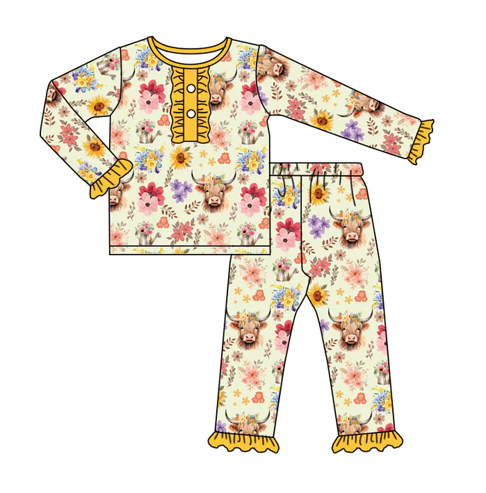 8.25 Baby Girls Highland Cow Flowers Wetern Jammies Pajamas Sets preorder(moq 5)
