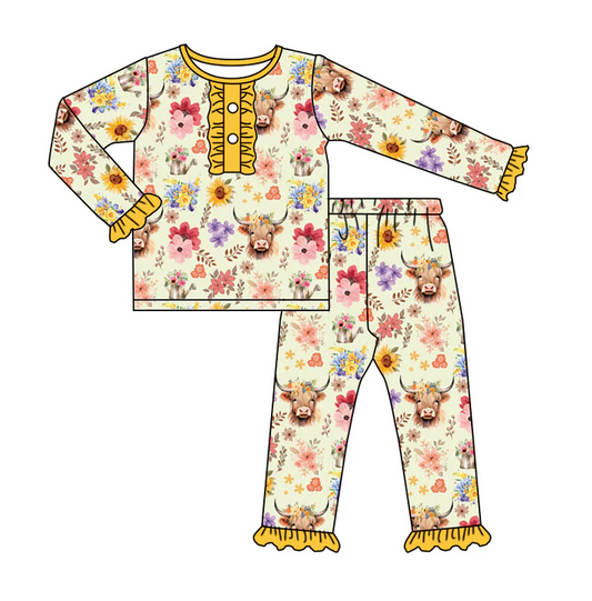 8.25 Baby Girls Highland Cow Flowers Wetern Jammies Pajamas Sets preorder(moq 5)