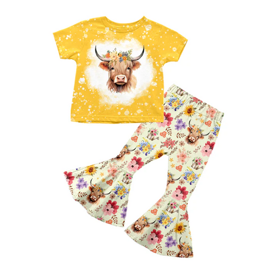 8.25 Baby Girls Highland Cow Flowers Wetern Pants Clothes Sets preorder(moq 5)