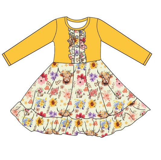 8.25 Baby Girls Flowers Highland Cow Ruffle Long Sleeve Dresses preorder(moq 5)