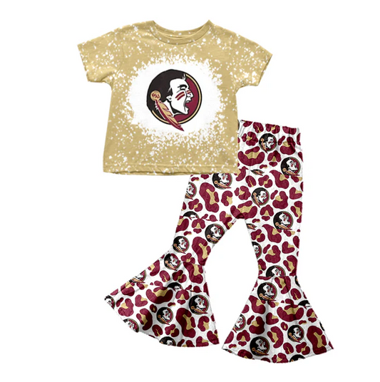 8.25 Baby Girls Team Maroon Tee Shirt Leopard Bell Pants Clothing Sets preorder(moq 5)
