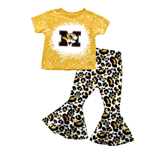 8.25 Baby Girls Team M mustard Tee Shirt Leopard Bell Pants Clothing Sets preorder(moq 5)