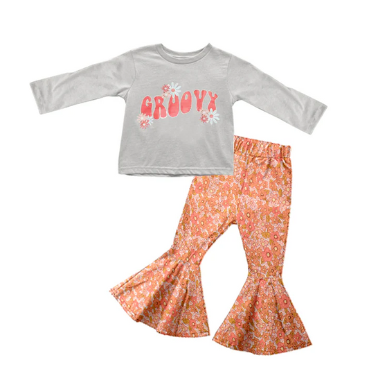 8.25 Baby Girls Groovy Grey Tee Shirt Flowers Bell Pants Clothing Sets preorder(moq 5)