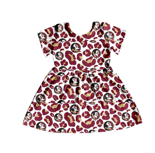 8.25Baby Girls Maroon Leopard Football Team Short Sleeve Dresses preorder(moq 5)