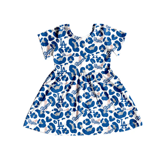 8.26 Baby Girls Blue Leopard Football Team Short Sleeve Dresses preorder(moq 5)