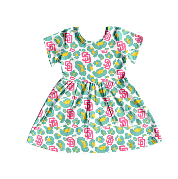 8.26 Baby Girls Green Pink Leopard Football Team Short Sleeve Dresses preorder(moq 5)