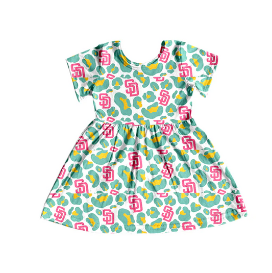 8.26 Baby Girls Green Pink Leopard Football Team Short Sleeve Dresses preorder(moq 5)