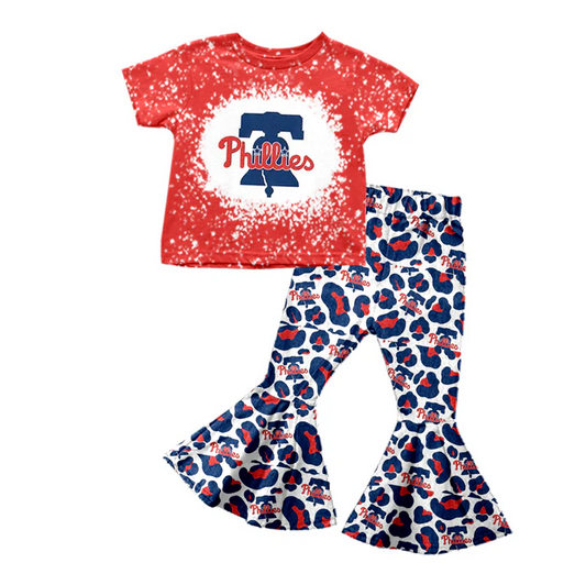 8.26 Baby Girls Team Red Blue Tee Shirt Leopard Bell Pants Clothing Sets preorder(moq 5)