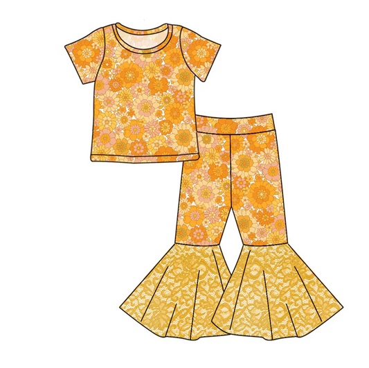 8.26 Baby Girls Orange Floral Top Lace Print Bell Pants Clothing Sets preorder(moq 5)