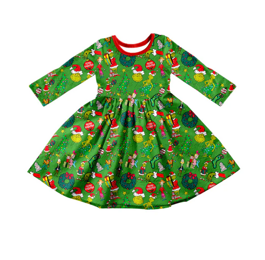 8.26 Baby Girls Christmas Green Face Twirl Dresses preorder(moq 5)