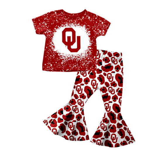 8.27 Baby Girls Red Team Short Sleeve Top Bell Bottom Leopard Pants Clothing preorder(moq 5)