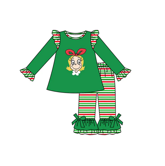 8.27 Baby Girls Christmas Face Green Top Ruffle Pants Clothing preorder(moq 5)
