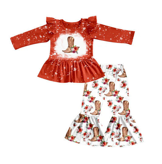 8.27 Baby Girls Western Boots Flowers Tunic Bell Pants Clothes Sets preorder(moq 5)