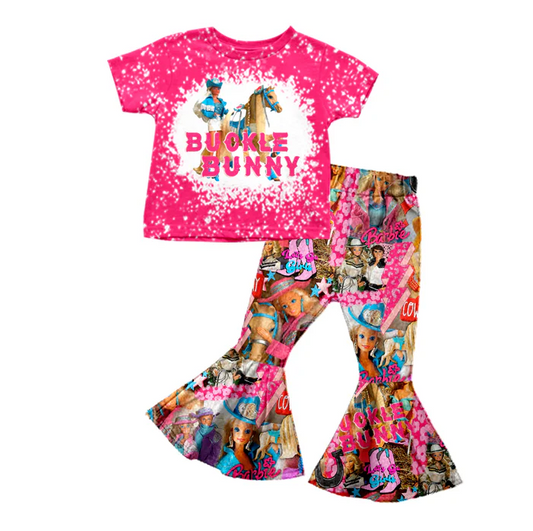 8.27 Baby Girls Pink Doll Horse Bleached Shirt Bell Pants Clothes Sets preorder(moq 5)