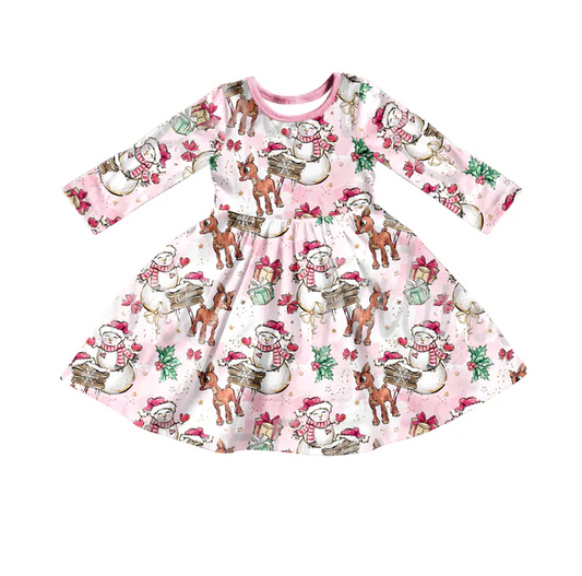 8.26 Baby Girls Christmas Pink Deer Snowman Long Sleeve Dresses preorder(moq 5)