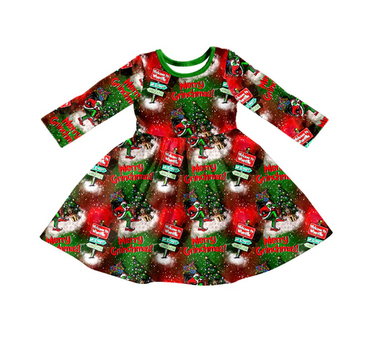 8.26 Baby Girls Merry Christmas Green Face Car Long Sleeve Dresses preorder(moq 5)