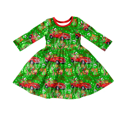 8.27 Baby Girls Christmas Green Face Car Long Sleeve Dresses preorder(moq 5)