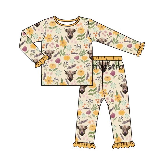 8.27 Baby Girls Highland Cow Flowers 2pcs Pants Pajamas Clothes Sets preorder(moq 5)