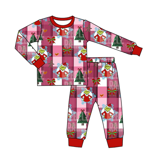 8.27 Baby Kids Green Frog Red 2pcs Pants Christmas Pajamas Clothes Sets preorder(moq 5)