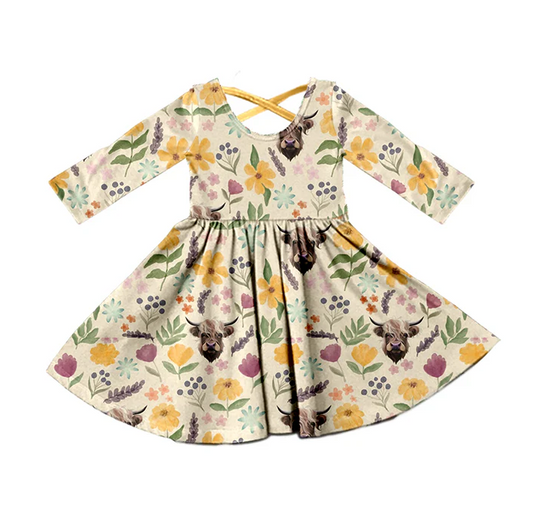 8.27 Baby Girls Western Highland Cow Cross Back Long Sleeve Dresses preorder(moq 5)