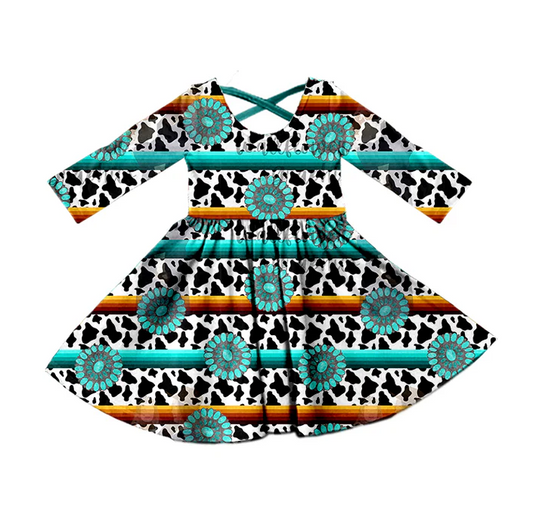 8.27 Baby Girls Western Turquoise Cross Back Long Sleeve Dresses preorder(moq 5)