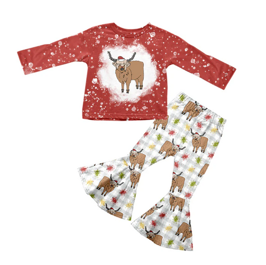 8.27 Baby Girls Red Highland Cow Christmas Red Bell Pants Clothing Sets preorder(moq 5)