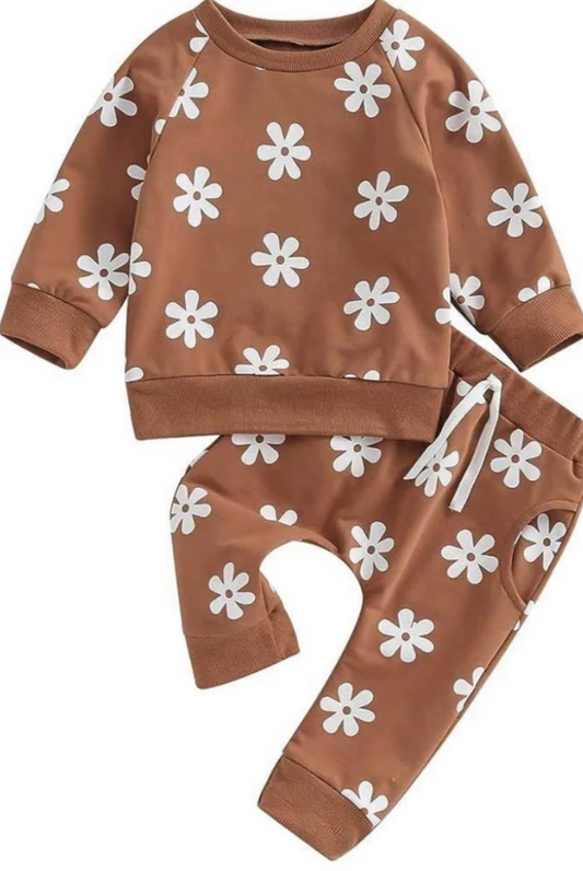 8.27 Baby Kids Girls Brown Flowers Pajamas Clothing Sets preorder(moq 5)