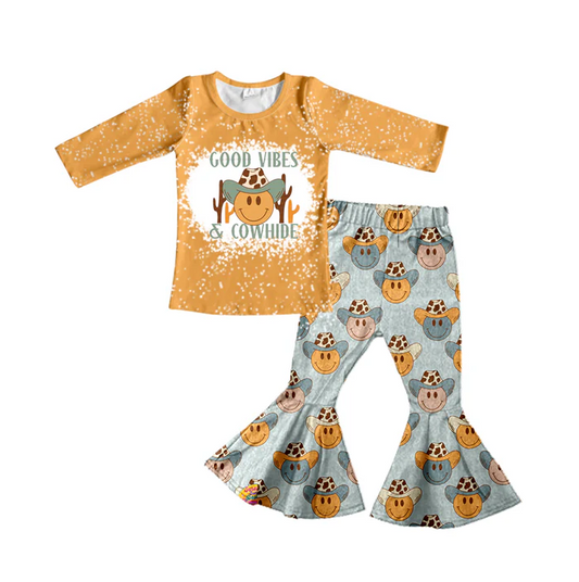 8.27 Baby Girls Cowhide Tee Shirt Bell Pants Western Clothes Sets preorder(moq 5)